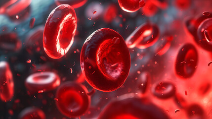 Close-up of vibrant red blood cells, shallow depth of field.
