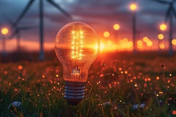 Glowing Lightbulb in a Field of Grass: A Solar-Powered Illumination Generative AI - obrazy, fototapety, plakaty