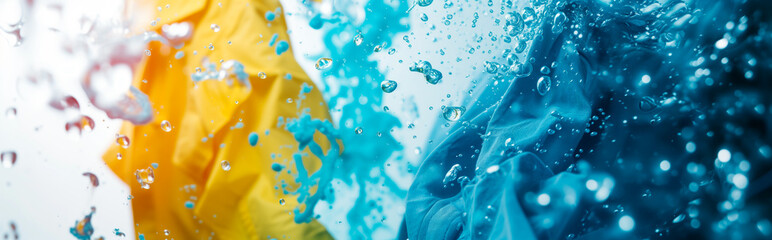 Vibrant colored detergent and water splash. Concept of laundry day and washing clothes. 
