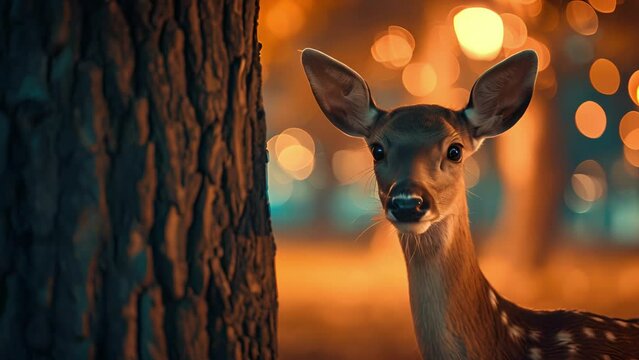 Closeup of a curious deer standing on its hind legs reaching its long neck towards a tree branch in a beautifully lit urban park at night. The peaceful look on its face is