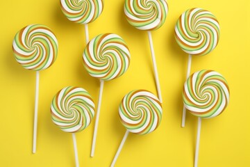 Fototapeta na wymiar Mint Chocolate Swirl Spiral Lollipops on White Sticks, Creating a Refreshing Composition on an Isolated Yellow Background, Generative AI