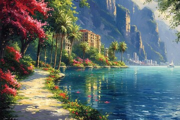 A Tropical Paradise: Palm Trees, Flowers, and a Mountain View Generative AI