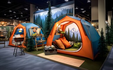 Camping trade show booth with modern tent tourism