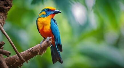 colored beautiful bird sitting on the tree in the jungle, colored wild bird, colored wild bird sitting on the branch of tree in jungle - obrazy, fototapety, plakaty
