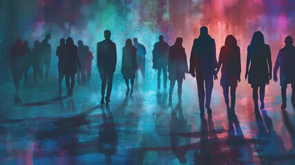 Obraz premium Mystical Silhouettes: A Colorful Illustration of People and Their Shadows Interacting with Different Parallel Realities