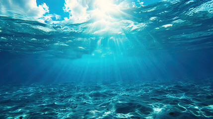 Fototapeta na wymiar Blue sea underwater background with rays sunlight shining