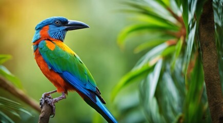 colored beautiful bird sitting on the tree in the jungle, colored wild bird, colored wild bird sitting on the branch of tree in jungle