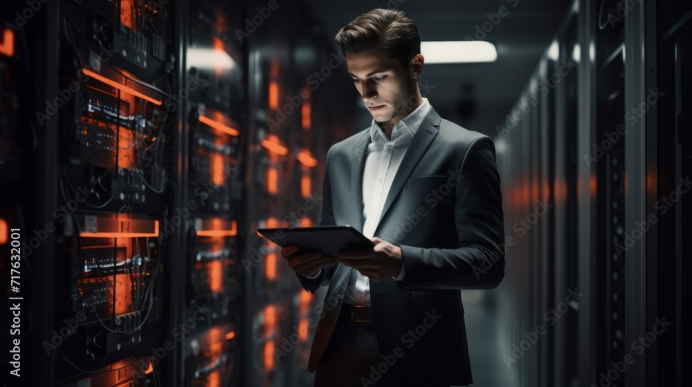 Aufkleber An IT engineer fixes technical problems in the server room with a tablet in his hands. Modern technologies, artificial intelligence concepts.