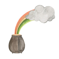 Watercolor illustration of a jug with gold rainbow and cloud. Irish culture. Leprechaun.