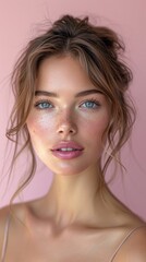 Fototapeta premium Portrait of a beautiful young girl with blue eyes and natural makeup.AI.