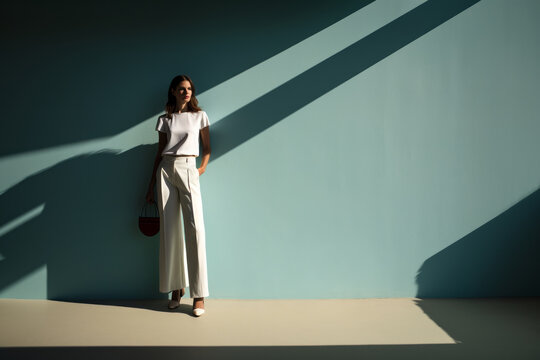 Fototapeta Elegant model in a sleek, monochromatic outfit, standing against a pastel wall, her shadow creating a sharp contrast on the minimalist background