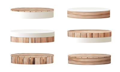 Set of 3D wood pedestals podium, Abstract geometric empty stages wooden exhibit displays award ceremony product presentation, isolated on white background