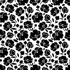 Flat vector seamless pattern with black tulip poppy flowers. Vector design in black and white colors. Digital image illustration for wrapping paper or clothing factory with textile printing