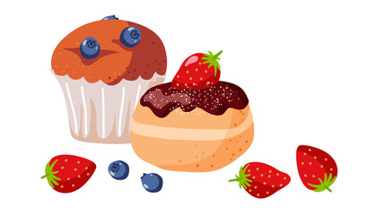 Berry cupcake and donut cartoon flat vector illustration. Sweet food. Signs of confectionery or bakery, cafe or restaurant menu. Sweets, unhealthy food, confectionery and candy shop. Fruit desserts.