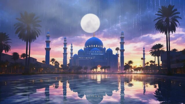 Ramadan kareem eid al fitr with holy gate of mosque with beautiful light on its minaret. 4k video animation background of a magnificent Mosque at midnight full moon with lake water reflection.