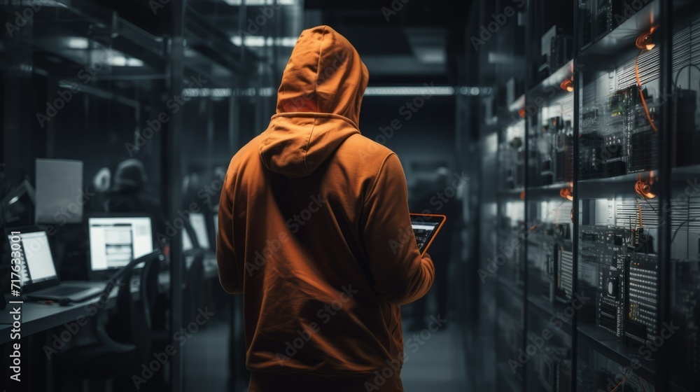 Poster A rear view of an IT engineer, programmer, hacker wearing an orange jacket, working with a tablet in the server room of a high-tech company. Cybersecurity, Information Server Concepts.