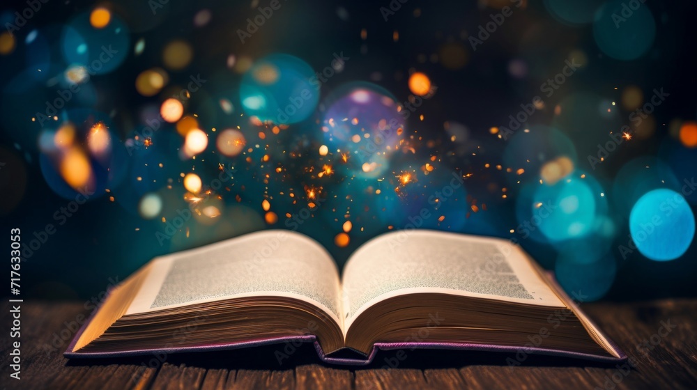 Aufkleber an open book on a wooden table at night, with glowing particles floating above, creating a mystical 