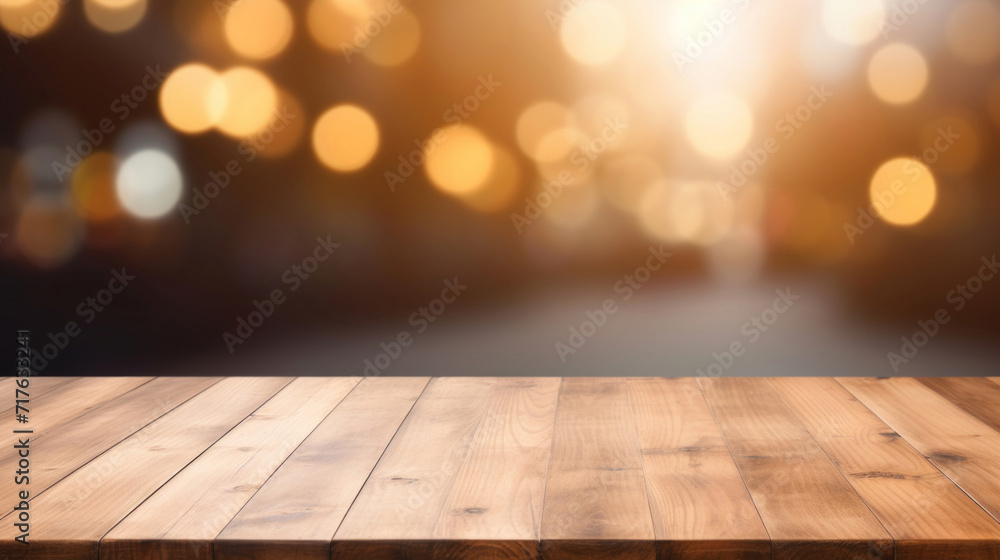 Poster a warm and inviting wooden table surface basking in the soft glow of bokeh lights.
