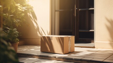 A cardboard package awaits collection on a sunlit home doorstep surrounded by potted plants.