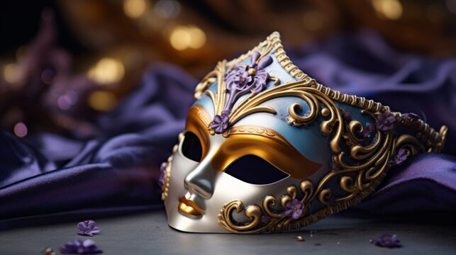 An elaborate Venetian mask adorned with feathers and jewels lies on purple silk fabric.
