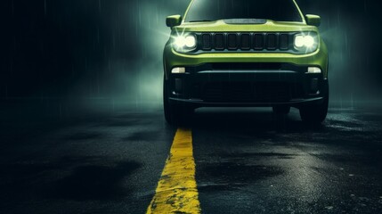 Green sports utility vehicle driving on a wet road during a rainy night with headlights on.