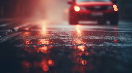 Red car's glowing tail lights seen on a rain-soaked street at night, with a blurred city background. - obrazy, fototapety, plakaty