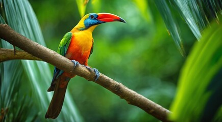 colored beautiful bird sitting on the tree in the jungle, colored wild bird, colored wild bird sitting on the branch of tree in jungle