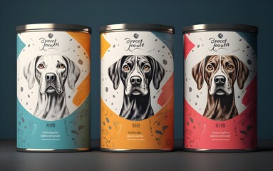3d mockup of packaging and labels on dog food cans. - obrazy, fototapety, plakaty