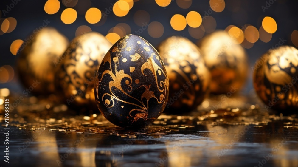 Aufkleber luxurious golden eggs with intricate patterns against a sparkling bokeh background.
