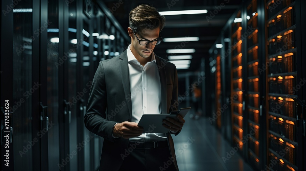 Poster a young programmer, a cybersecurity specialist, works in a server room with a tablet in a high-tech 