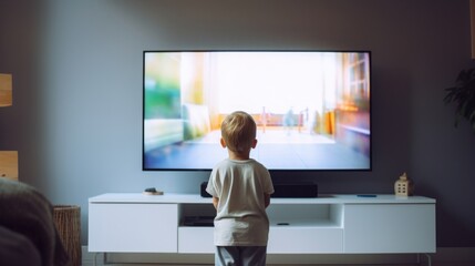Back view of a toddler standing mesmerized by a large bright television display.