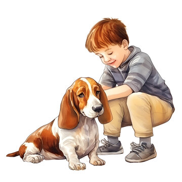 Basset hound dog element watercolor clipart. Young boy kid playing.