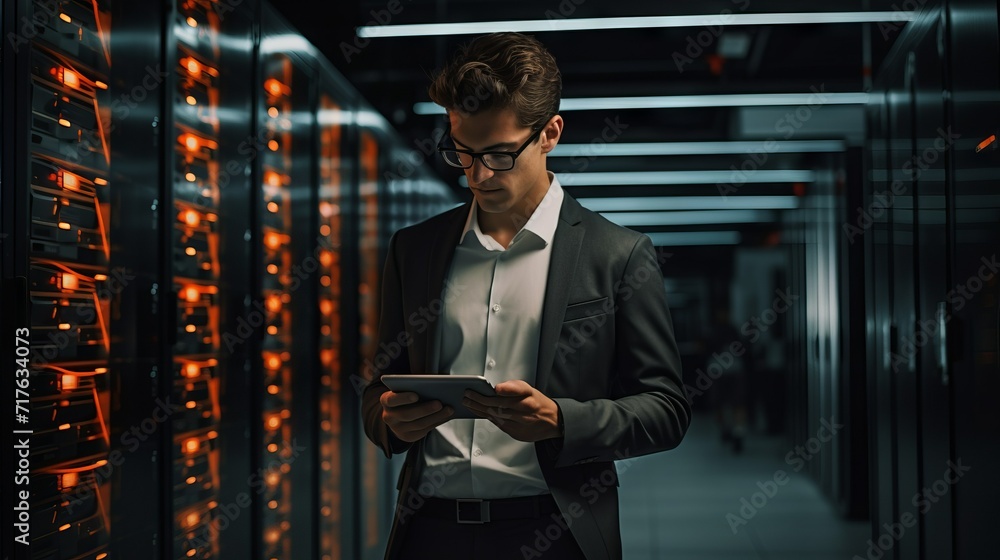 Leinwandbilder A data processing engineer working with a supercomputer in a server room with a tablet in his hands. Modern telecommunications, artificial intelligence, cybersecurity, analytics concepts.