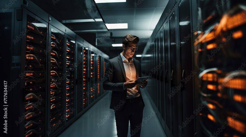 Poster A young programmer working, solving and troubleshooting problems in a dark server room with a tablet in his hands. Modern telecommunications, artificial intelligence, cybersecurity, analytics concepts