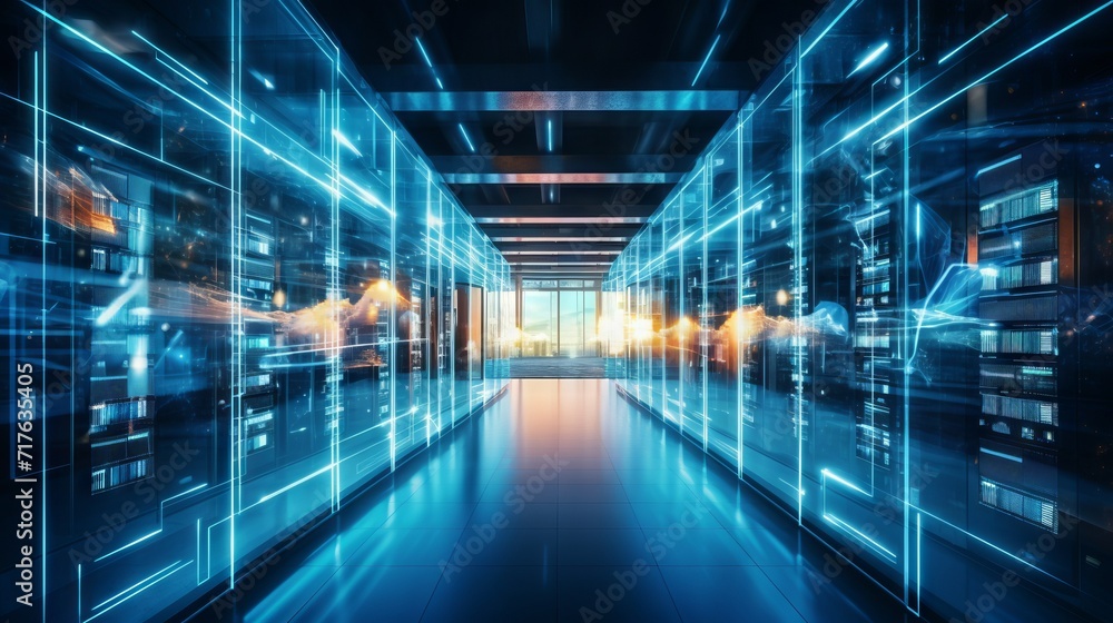 Aufkleber A data center with several rows of workable server racks. Modern telecommunications, artificial intelligence, supercomputer technology concepts.