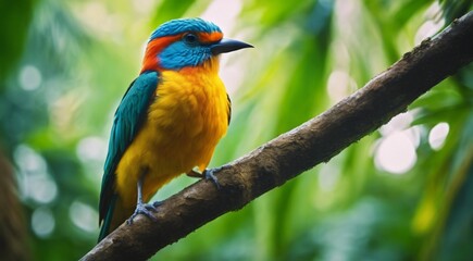 colored beautiful bird sitting on the tree in the jungle, colored wild bird, colored wild bird sitting on the branch of tree in jungle