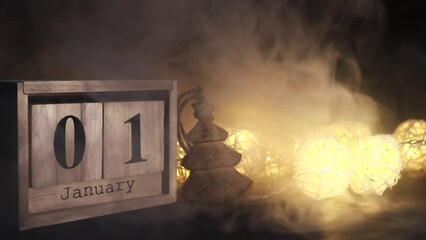 Brown Brown wooden calendar on the black table with New Years garland on black background with heavy smoke. Date, reminder, planner or meeting. Vintage idea shows 01 January, the beginning of the New 