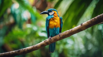 colored beautiful bird sitting on the tree in the jungle, colored wild bird, colored wild bird sitting on the branch of tree in jungle