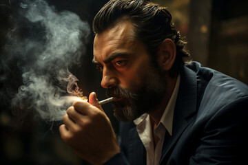 Sophisticated Man Smoking Cigarette in Dark Ambiance