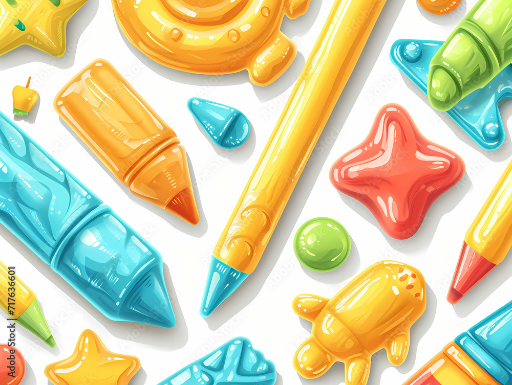 Poster simple and relaxing full of childrens fun, a close up of a pattern of colorful objects