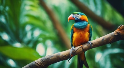 colored beautiful bird sitting on the tree in the jungle, colored wild bird, colored wild bird sitting on the branch of tree in jungle