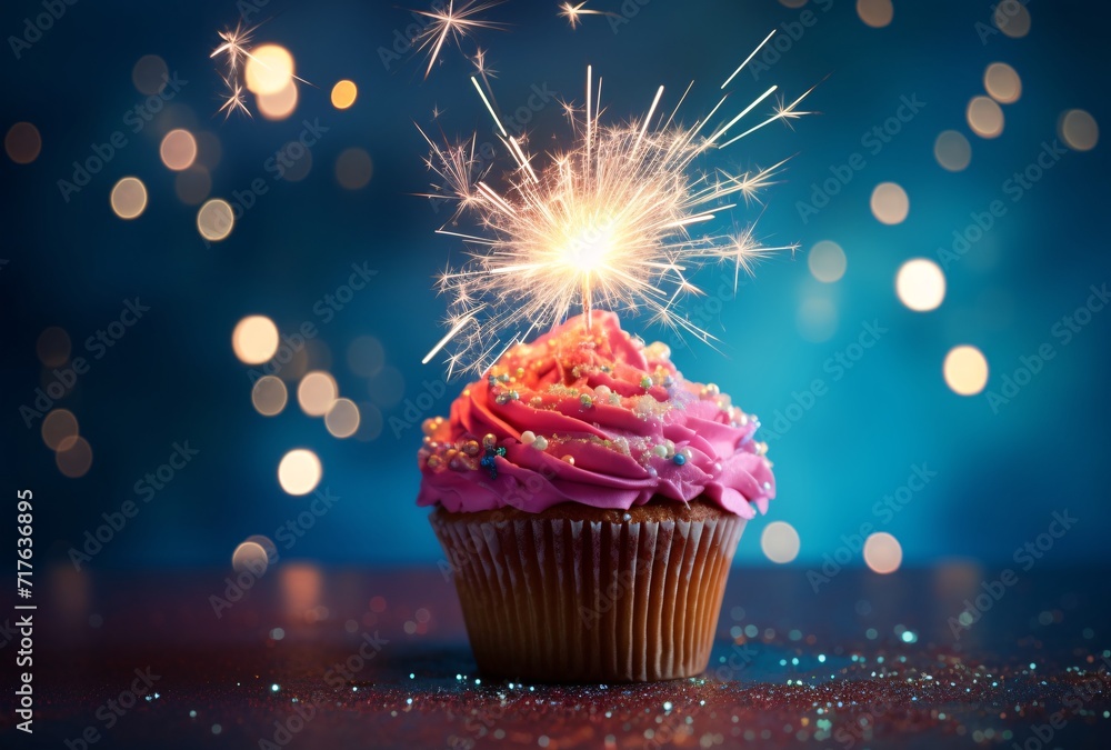 Wall mural colorful cupcake with sparkler on a blue table - Wall murals