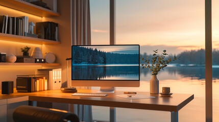 Modern Home Office Overlooking Sunset Lake. Tranquil home office with sunset view and sleek desk setup.
