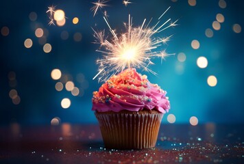 colorful cupcake with sparkler on a blue table - Powered by Adobe
