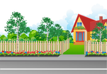 Landscape with a small house surrounded by garden, with a wooden fence and a grill gate in a realistic style. Vector illustration.
