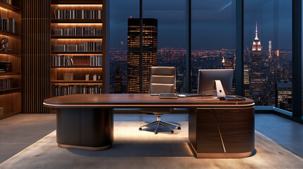 Modern Executive Office Overlooking Cityscape at Dusk. Polished wood executive desk and chair in a high-rise office with city lights.