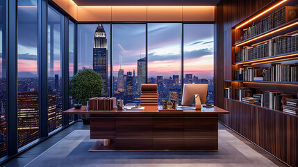 Modern Executive Office Overlooking Cityscape at Dusk. Polished wood executive desk and chair in a high-rise office with city lights.