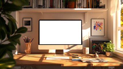 Sunny Artist's Digital Workspace. A cozy artist's workspace with sunlight casting shadows.