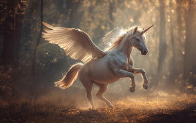 Unicorn with wings jumping in the woods. Generative AI