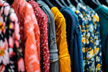 Close-up view of a variety of dresses, jackets and sweaters hung on a hangers in a store display. - obrazy, fototapety, plakaty
